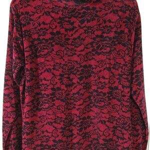 NWT Erika Red with Black Lace Print Soft Velour LS Pullover Top, Misses Small